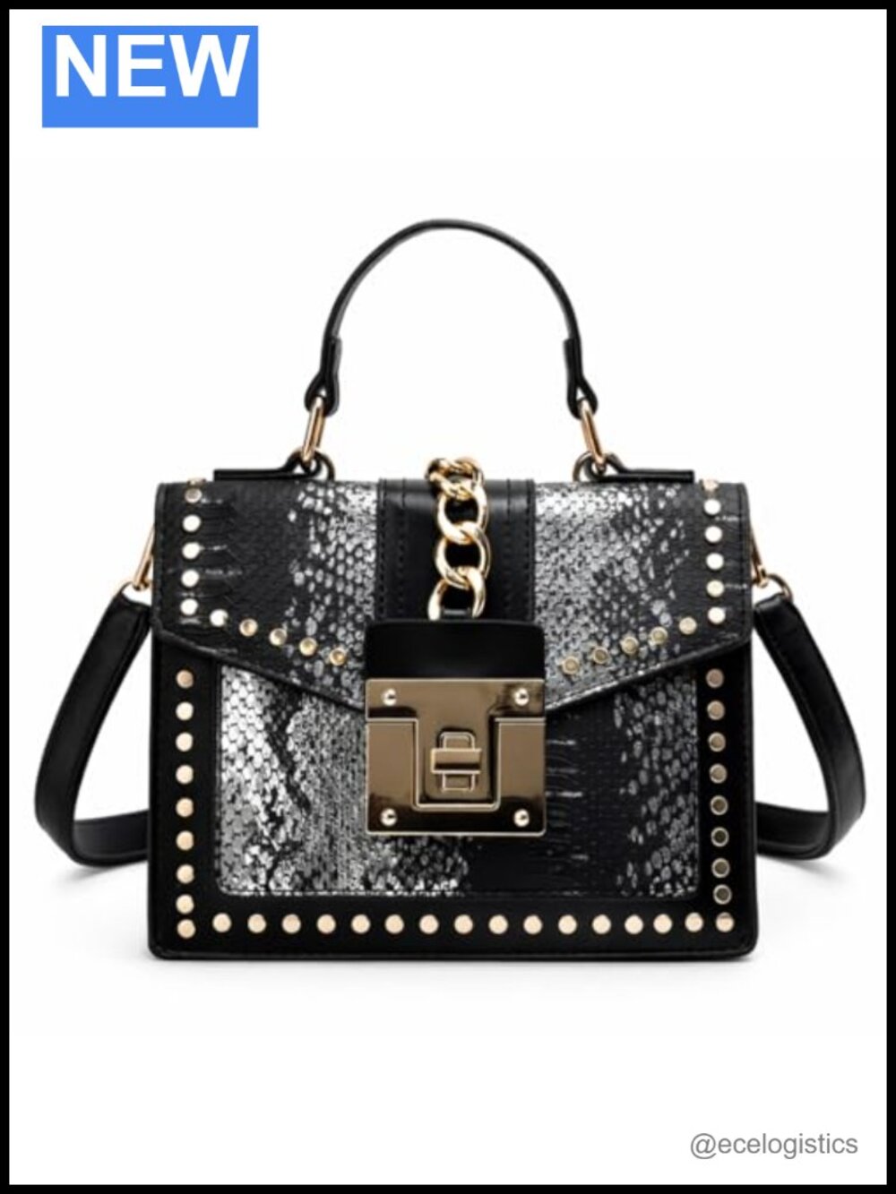 Snakeskin Crossbody Bag with Gold Chain - Small Faux Leather Shoulder Purse
